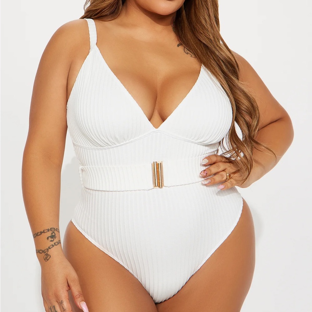 Fashion Nova White Belted One Piece Swimsuit